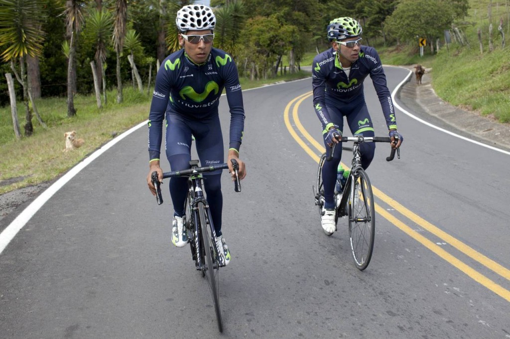 Quintana, left, training with colleague Roger Diagama near Tunja, a city on the eastern range of the Colombian Andes. PHOTO CARLOS VILLALON FOR THE WALL STREET JOURNAL